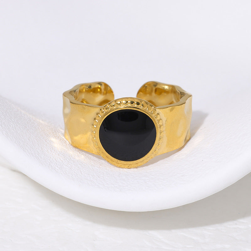 Vintage French-Style Geometric Titanium Steel Ring for Women with 18K Gold Plating and Enamel Finish