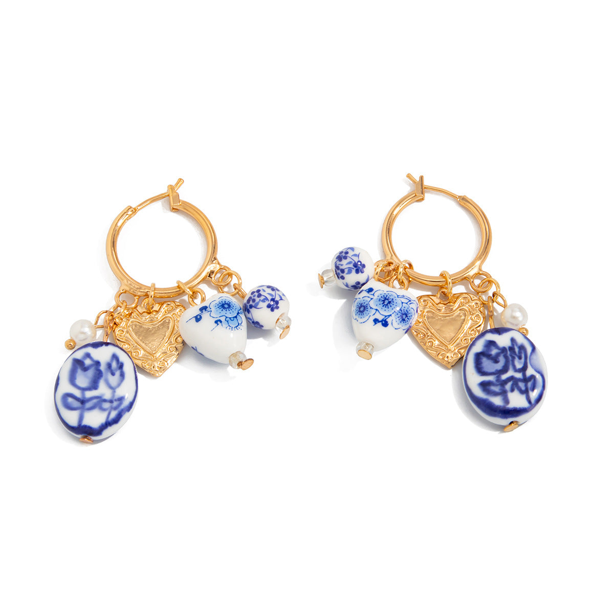 Orecchini vintage in ceramica a forma di cuore e floreali da donna con perni in acciaio inossidabile e finitura galvanizzata