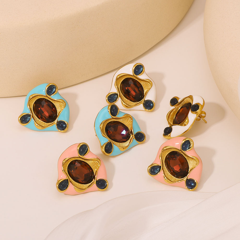 Orecchini da donna in acciaio inossidabile placcato oro 18 carati con zirconi colorati, design geometrico irregolare in stile vintage