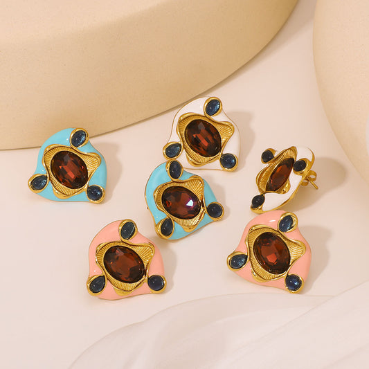 Vintage-Style Irregular Geometric Zircon-Studded Colorful Stainless Steel Earrings for Women with Vacuum-Plated 18K Finish