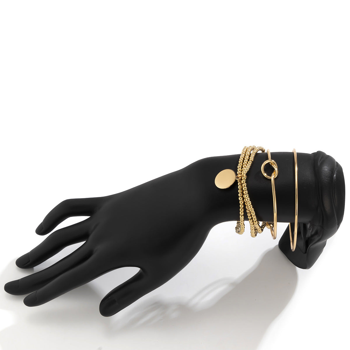 Punk Style Geometric Shiny Round Hoop Bracelet Set for Women with Plated Finish and Elastic Beaded Design