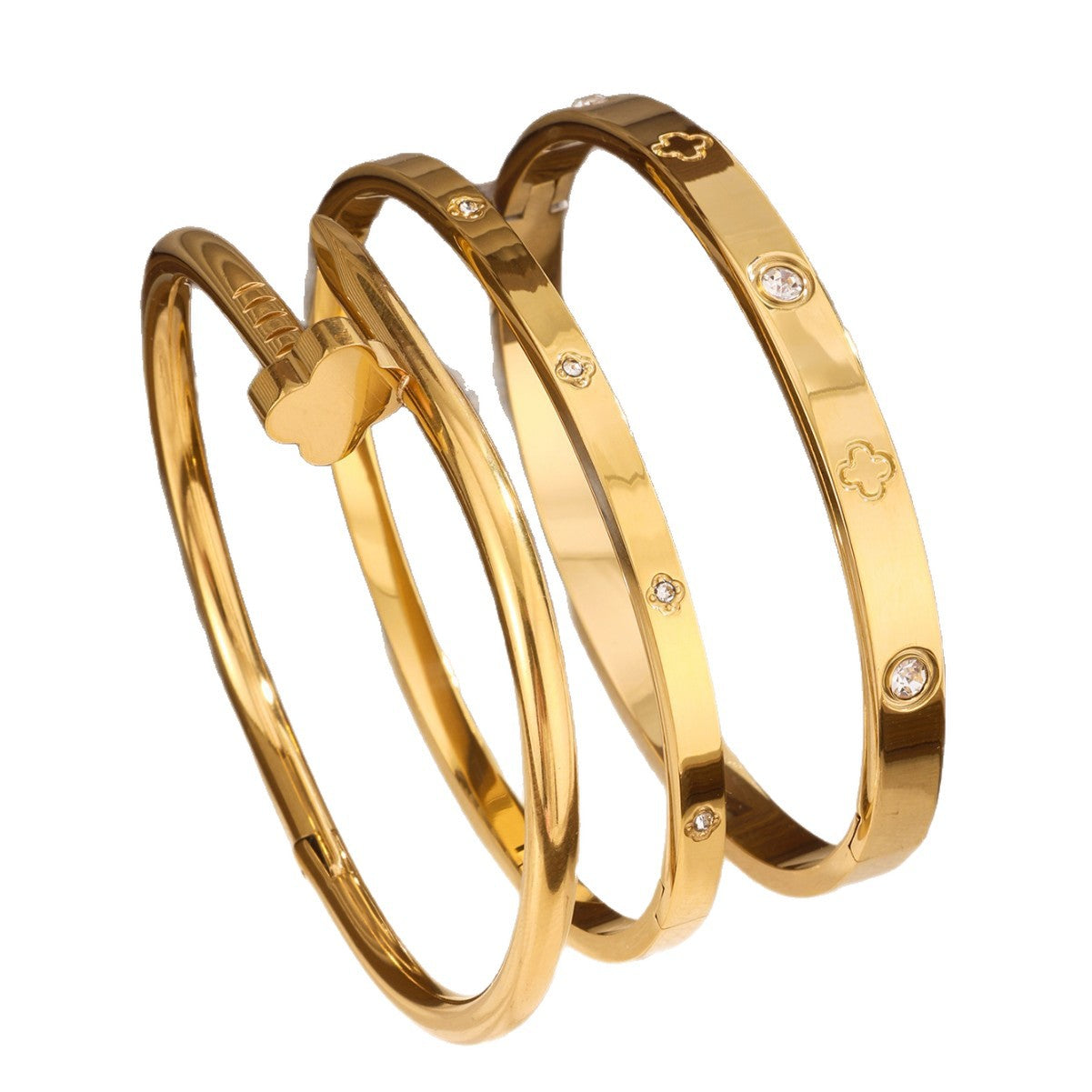 Juego de pulseras de acero inoxidable con trébol de cuatro hojas, incrustaciones de diamantes de imitación y chapado en oro al vacío de 18 quilates, estilo minimalista y a la moda