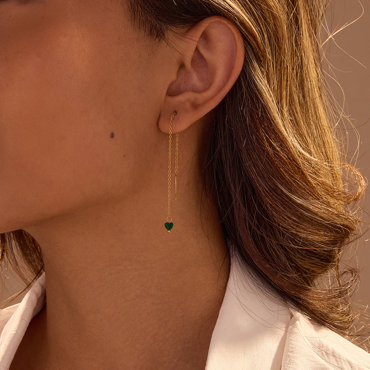 Minimalist Geometric Malachite Heart Stainless Steel Long Dangle Earrings with 18K Gold Plating