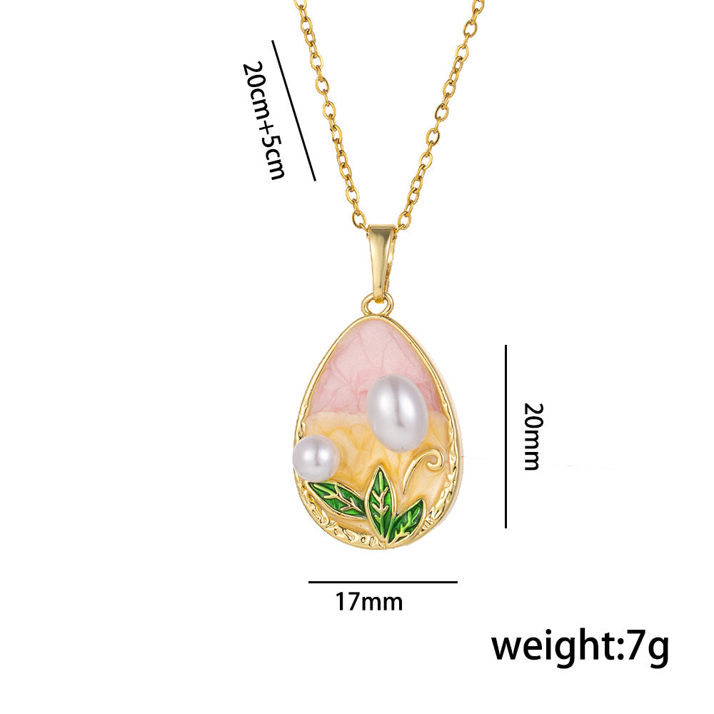 Collana di Lusso Francese Vintage Monet Garden con Ciondolo a Cuore, Catena in Acciaio al Titanio, Finitura Smaltata, Motivo Floreale a Tulipano, Delicata Catena a Clavicola da Donna