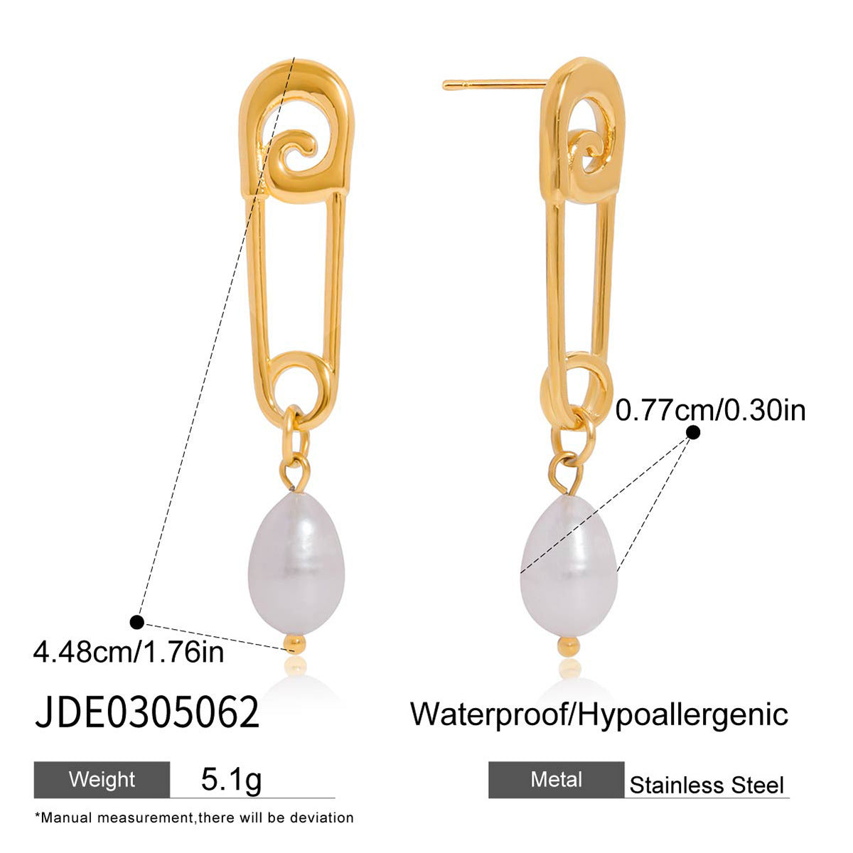 Orecchini da donna minimalisti a forma di graffetta in acciaio inossidabile con perle d'acqua dolce e finitura placcata