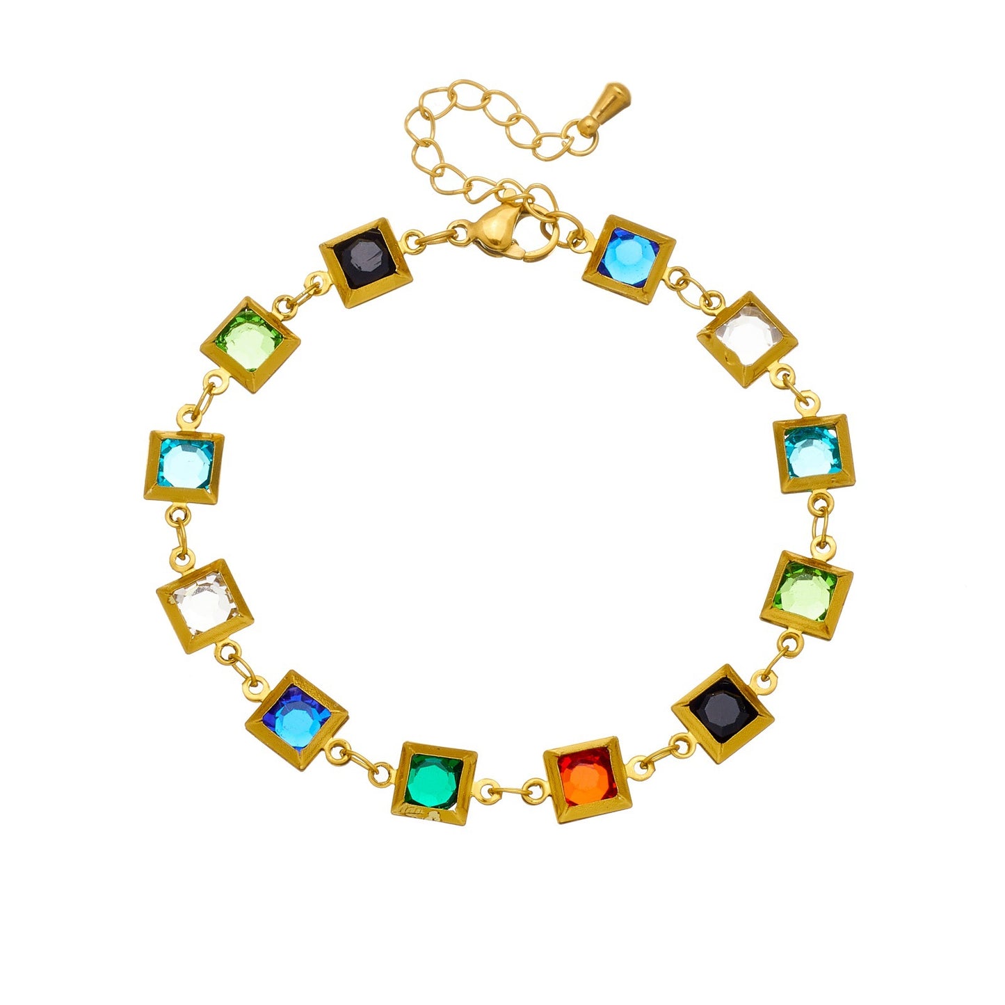 Gold Plated Stainless Steel Square Rhinestone Crystal Necklace Bracelet Set for Women