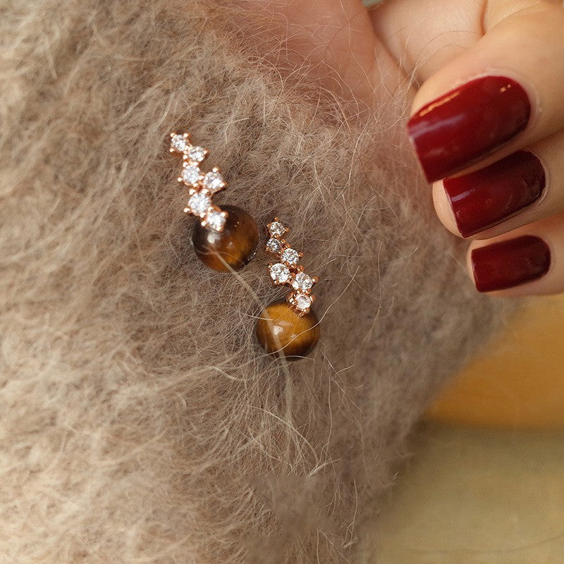 Pendientes de tuerca ovalados de ojo de tigre estilo Maillard vintage con postes de plata 925 bañados en oro de 18 quilates
