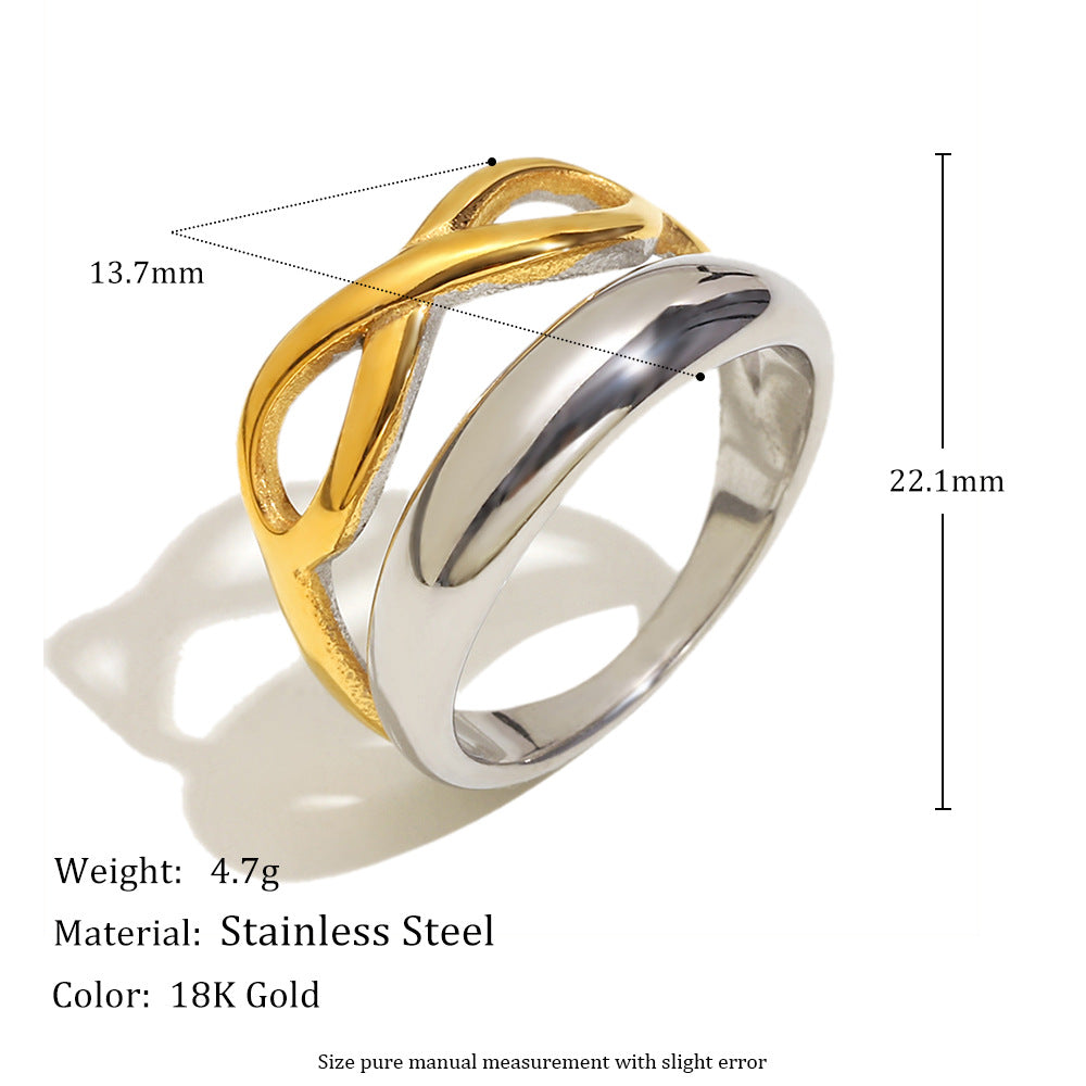 Minimalist Geometric Stainless Steel Ring with 18K Gold Plating for Women, Double-Layer Figure-Eight Design, Lightweight Luxury Hand Jewelry