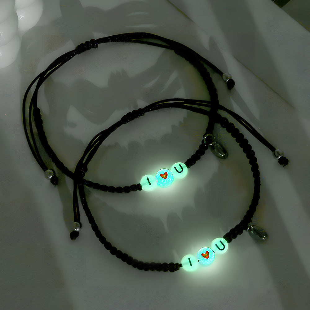 Glow-in-the-Dark I LOVE YOU Letter Bracelet with Magnetic Clasp Heart-Shaped Friendship Bracelet for Couples