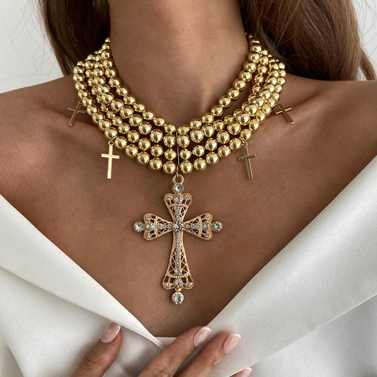 Sweet and Edgy Cross Pendant Necklace with Rhinestone Inlay Alloy Multi-Layer Clavicle Chain for Women