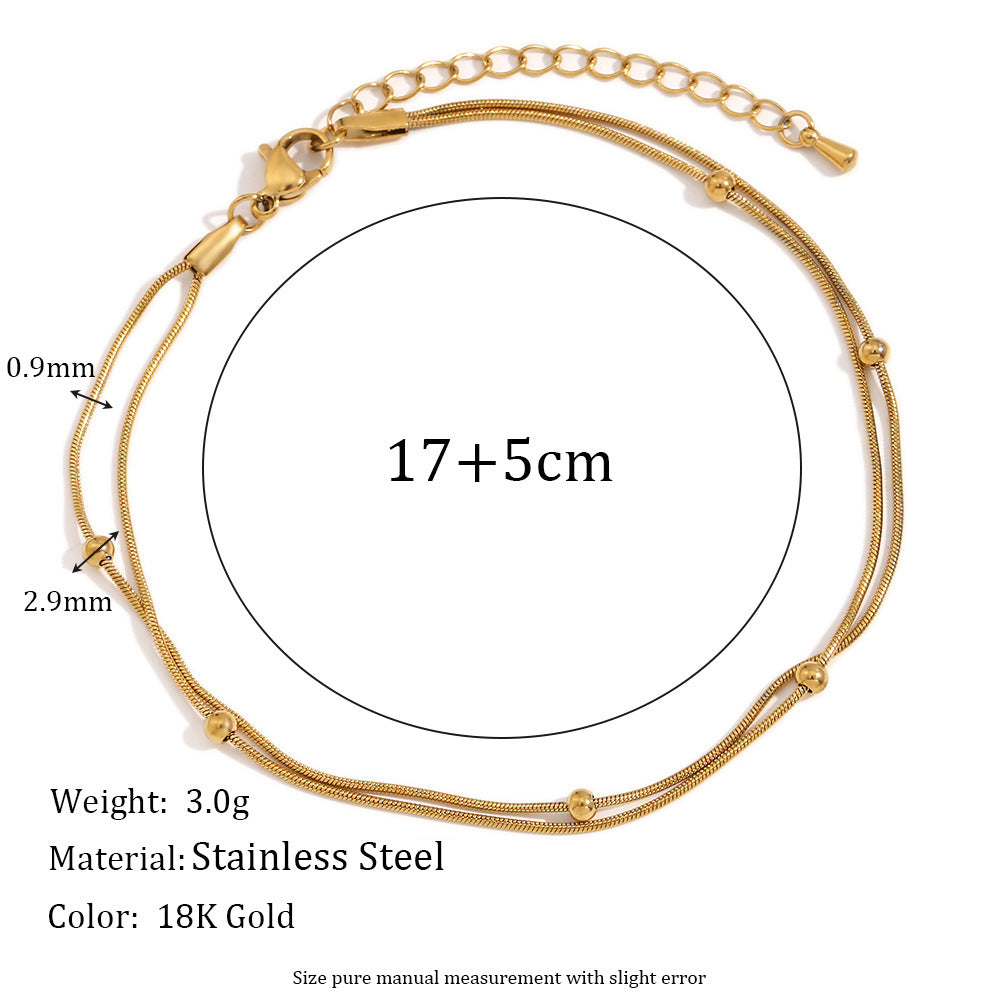 Minimalist Fashion Women's Stainless Steel Plated 18K Gold Double-Layer Round Bead Snake Chain Bracelet