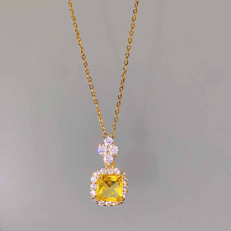 Sweet Colorful Cubic Zirconia Geometric Square Pendant Titanium Steel Necklace Cable Chain
