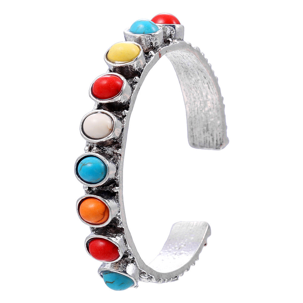 Bohemian Vintage Ethnic Round Geometric Alloy Plated Turquoise Inlay Open Cuff Bracelet for Women