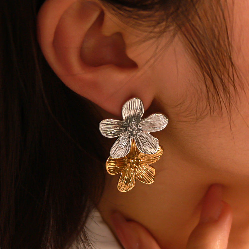 Vintage French Style Floral Stainless Steel Earrings with 18K Gold Plating and Premium Design