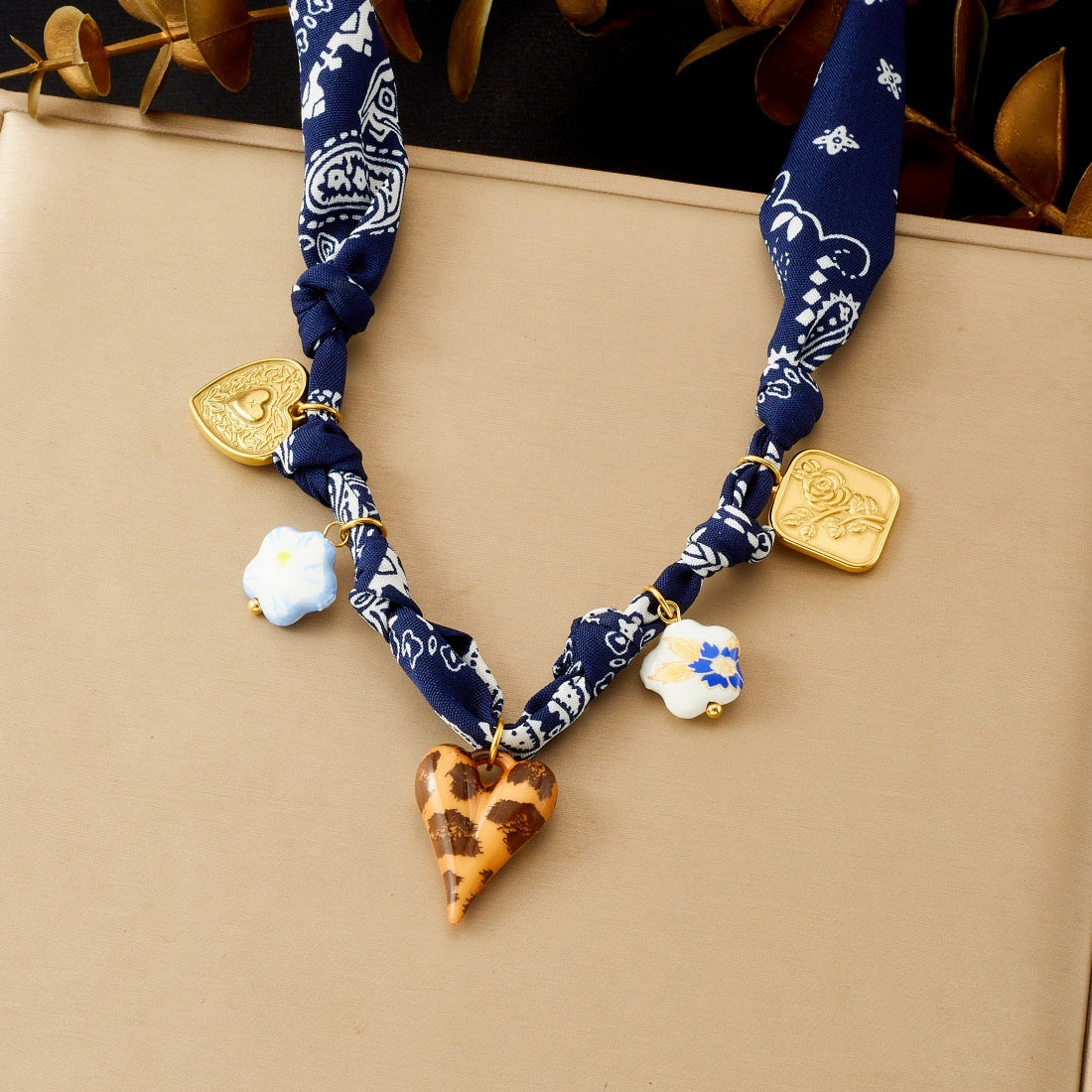 Vintage Gold Plated Stainless Steel Heart Square Floral Leopard Print Ceramic Pendant Rope Chain Necklace for Women
