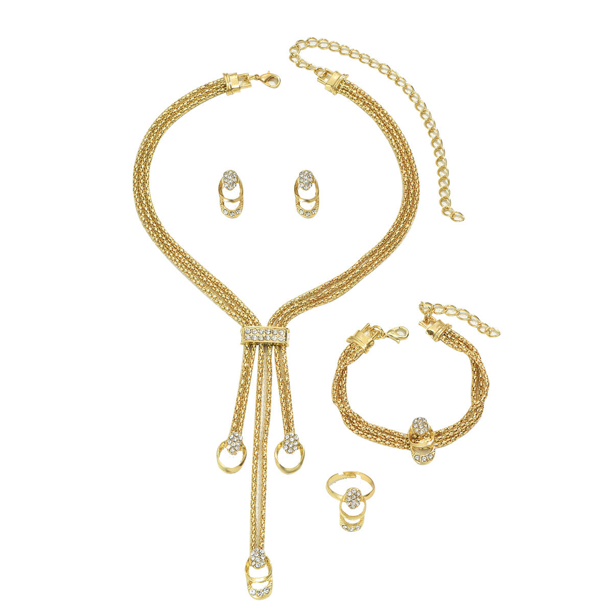 Set di collana, orecchini e anello in lega geometrica fresca e minimalista con intarsio in zircone, catena per clavicola e anello per indice