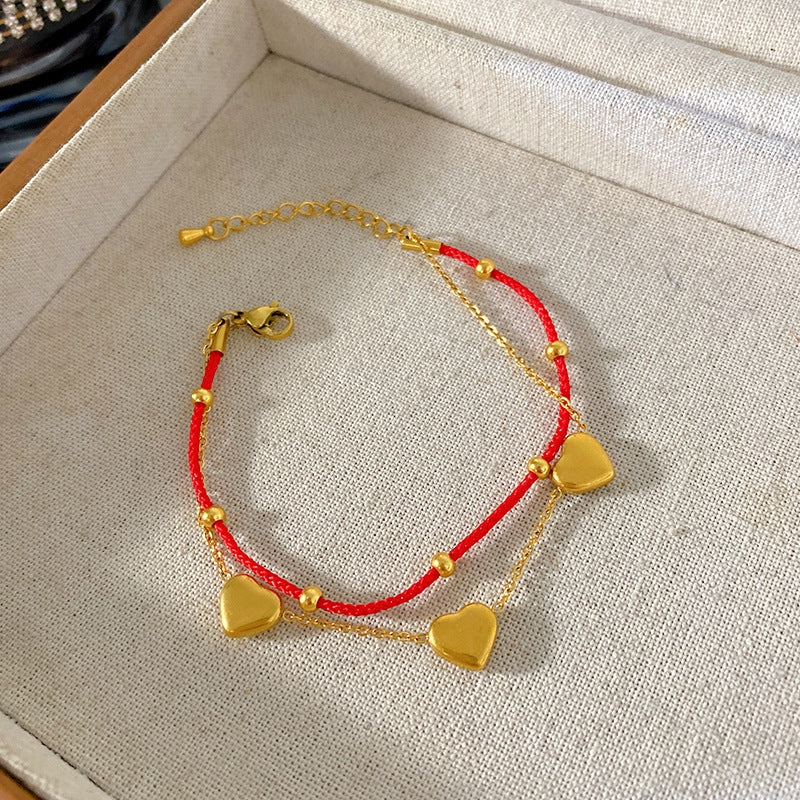 Luxury Elegant Heart Geometric Titanium Steel Polished Red Rope Bracelet for Women