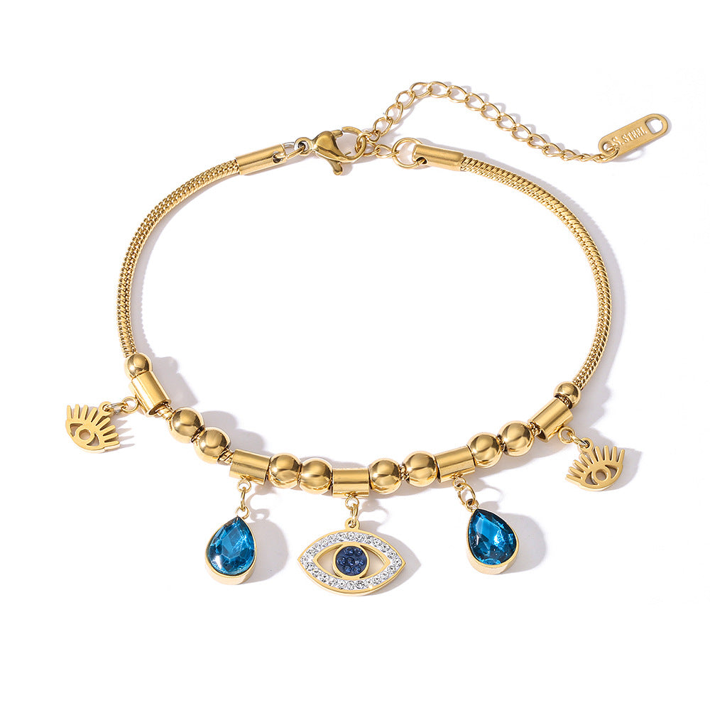 Minimalist Geometric Titanium Steel Bracelet for Women with Enamel Evil Eye Inlay and Micro-Pave Zirconia