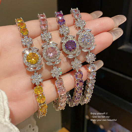 Luxury Elegant Round Floral Geometric Brass Bracelet with Cubic Zirconia Inlay for Women
