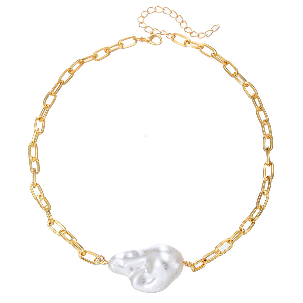 Irregular Baroque Style Imitation Pearl Necklace with Geometric Shape Alloy Chain for Women
