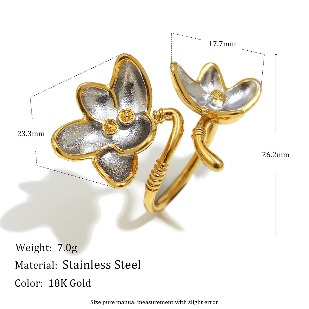 Minimalist Floral Stainless Steel Plated 18K Two-Tone Opening Ring for Women