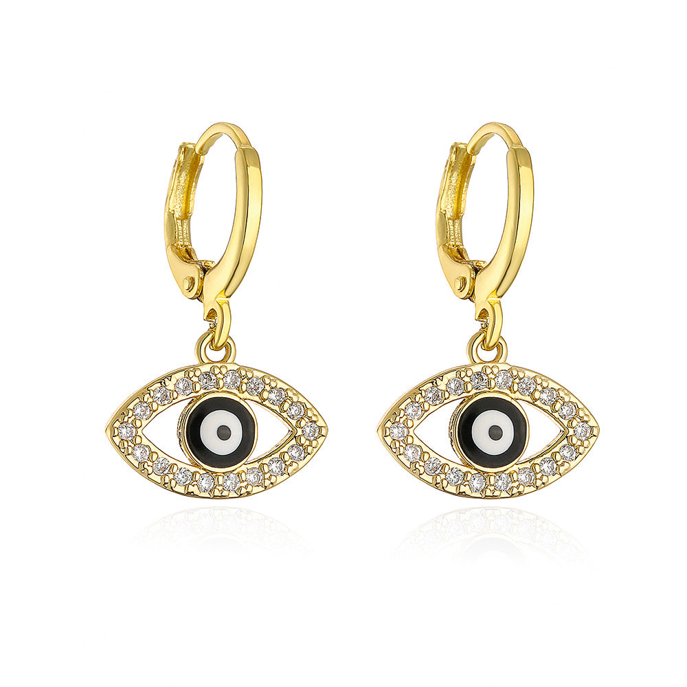 Minimalist Geometric Evil Eye Zircon Earrings for Women with Copper Base and 18K Gold Plating