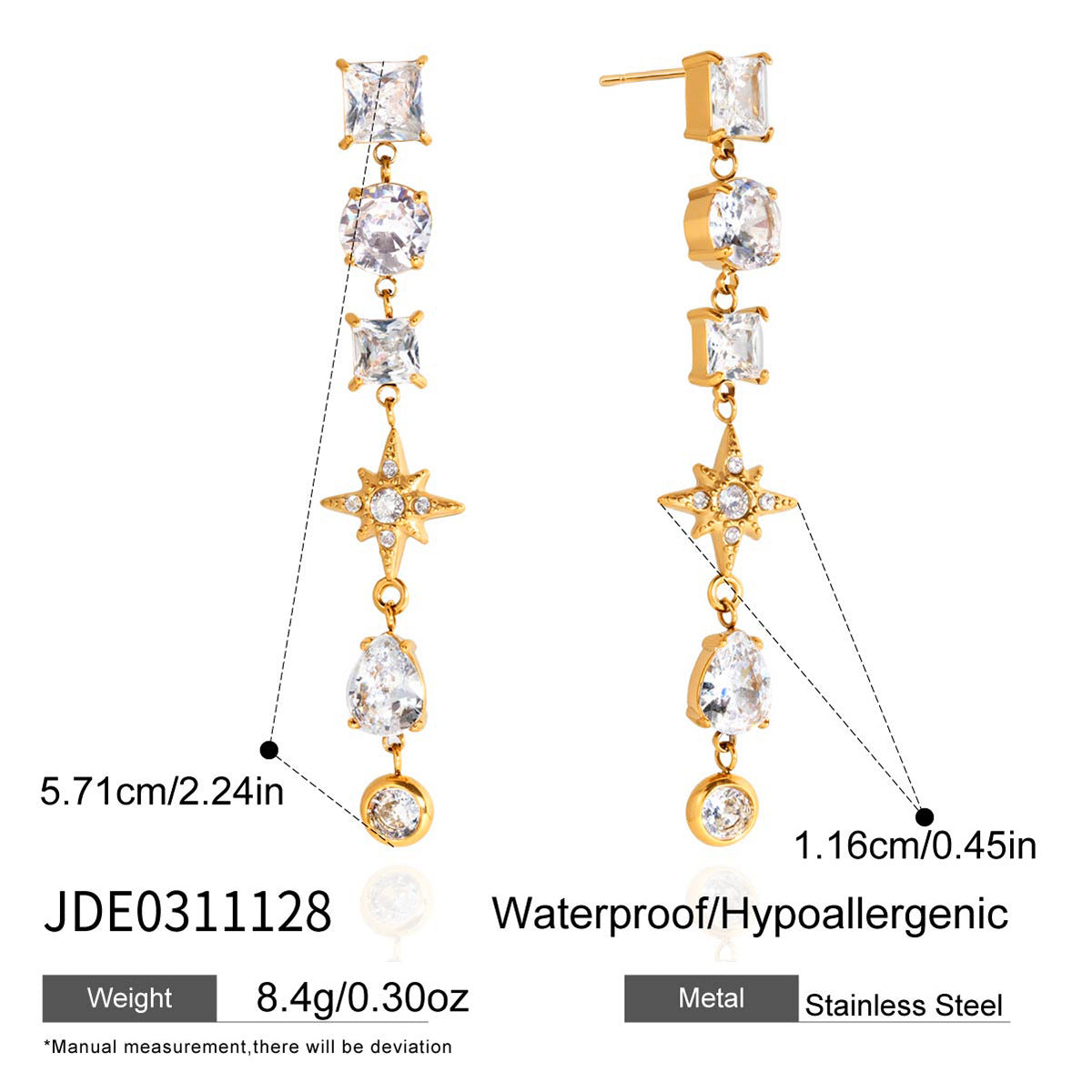 Elegant Geometric Stainless Steel PVD Plated Cubic Zirconia Tassel Earrings for Women