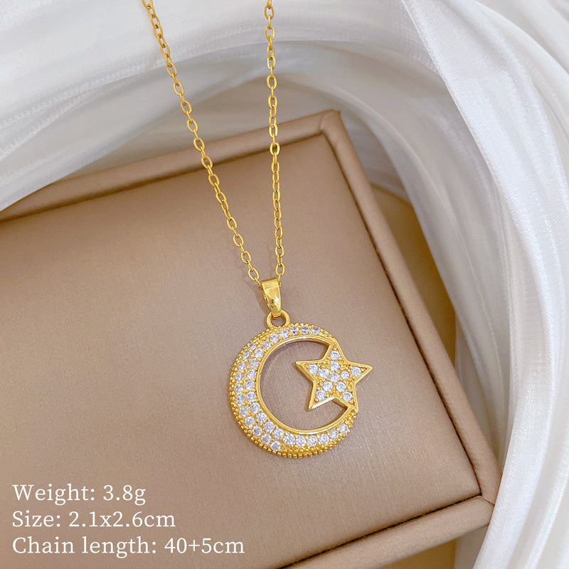 Sweet Star Moon Geometric Titanium Steel Necklace with Cubic Zirconia Brass Pendant for Unisex