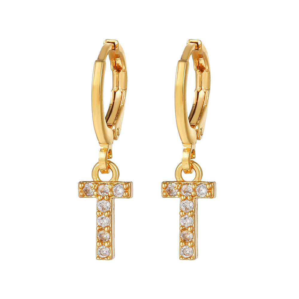 Minimalist Elegant Gold Plated Brass Micro-Inlaid Cubic Zirconia Letter Hoop Earrings for Women