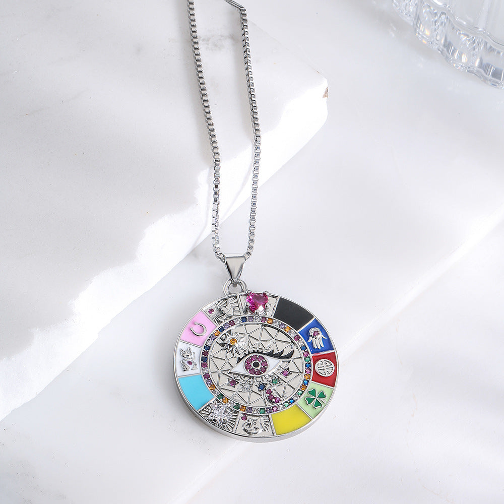 Bohemian Style Geometric Shaped Enamel Zircon Eye Pendant Necklace for Women