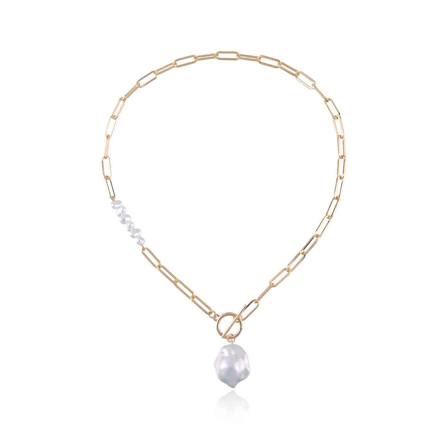Geometric Circle Asymmetrical Mother of Pearl Pendant Necklace for Women Alloy Curb Chain