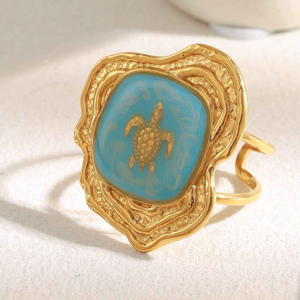 Anello da donna minimalista a forma di tartaruga in acciaio inossidabile placcato oro 18K e finitura smaltata