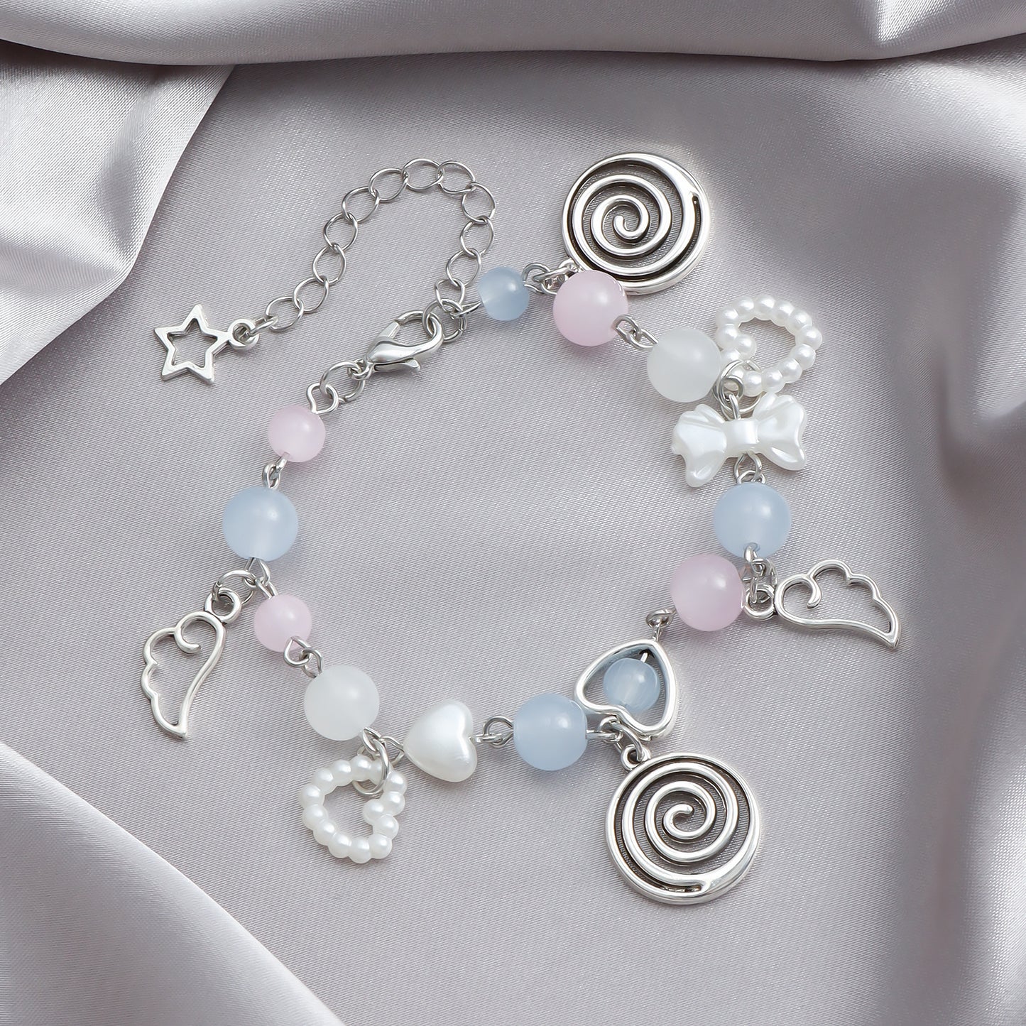 Geometric Beaded Bracelet for Women with Imitation Pearl and Heart Charms Electroplated Metal Bracelet for Anniversary Gift