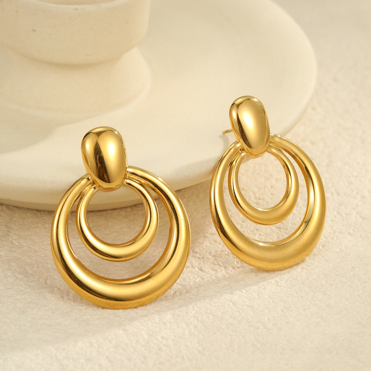 Vintage-Inspired Stainless Steel Gold-Plated Double-Layer Hollow Circular Geometric Earrings for Women