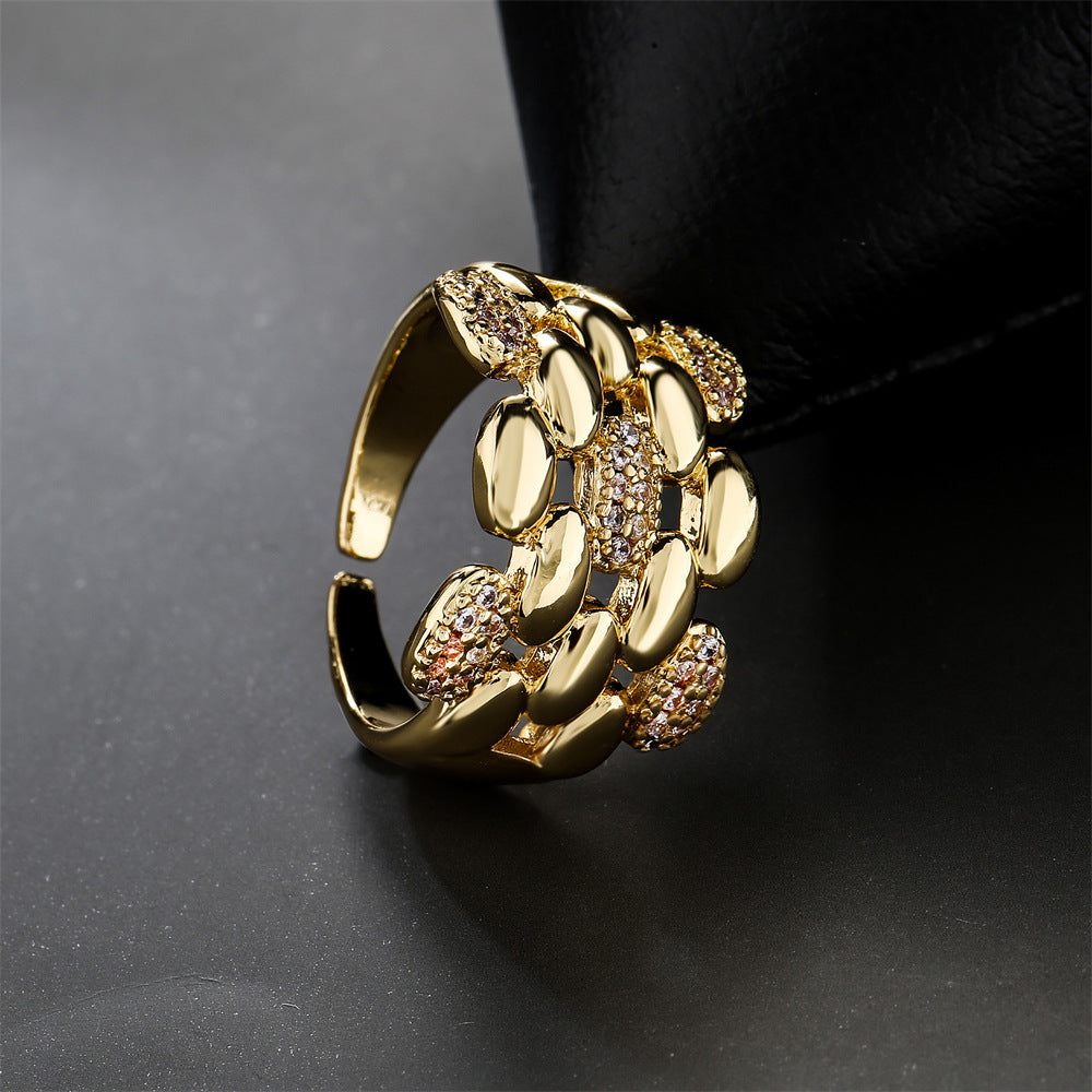 Minimalist Geometric 18K Gold Plated Brass Ring with Micro-inlaid Cubic Zirconia for Women