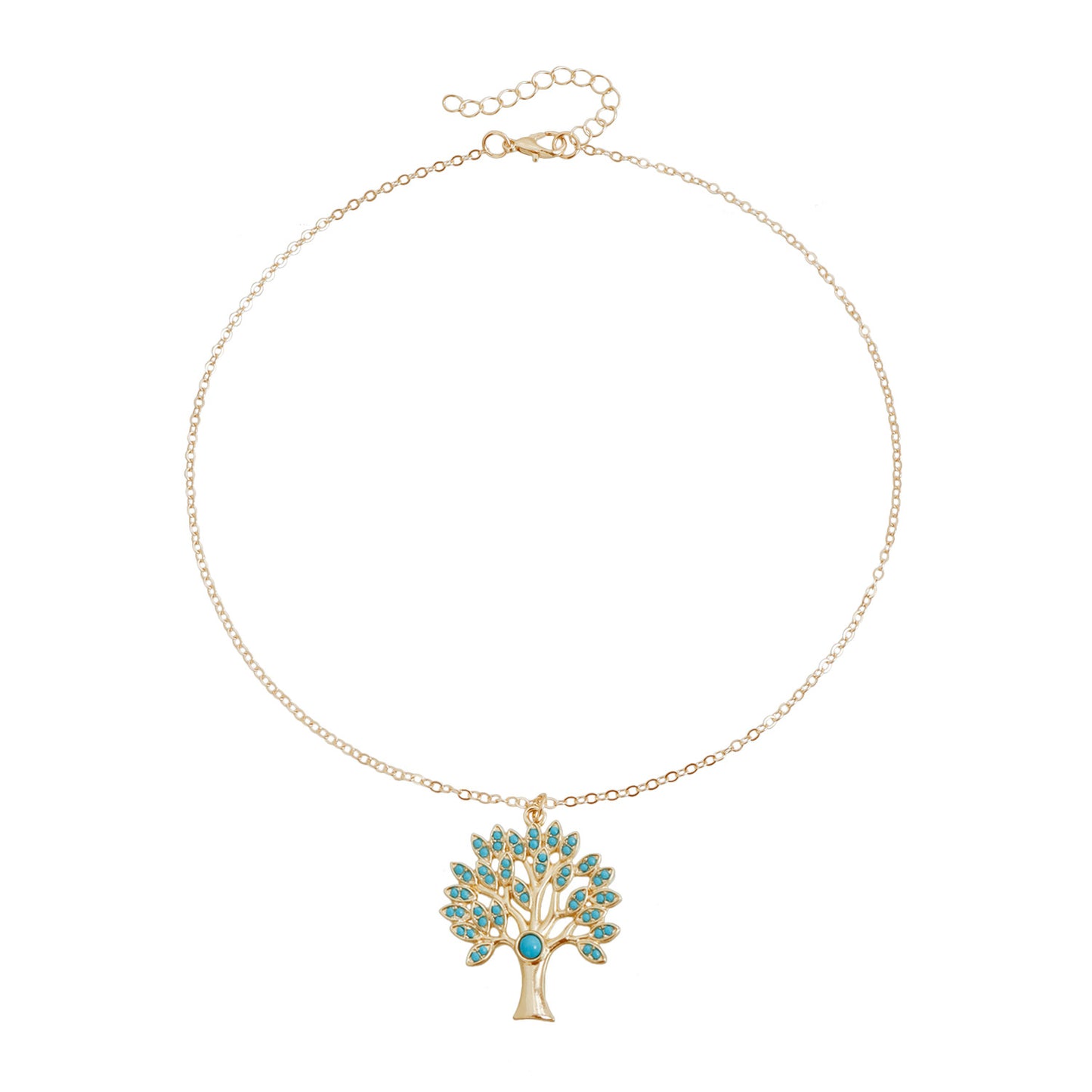 Vintage Geometric Tree of Life Alloy Necklace with Turquoise Inlay Plated Finish