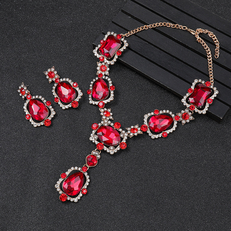 Exaggerated Vintage Alloy Necklace and Earring Set with Artificial Gemstone Inlay and Ruyi Lock Pendant for Women