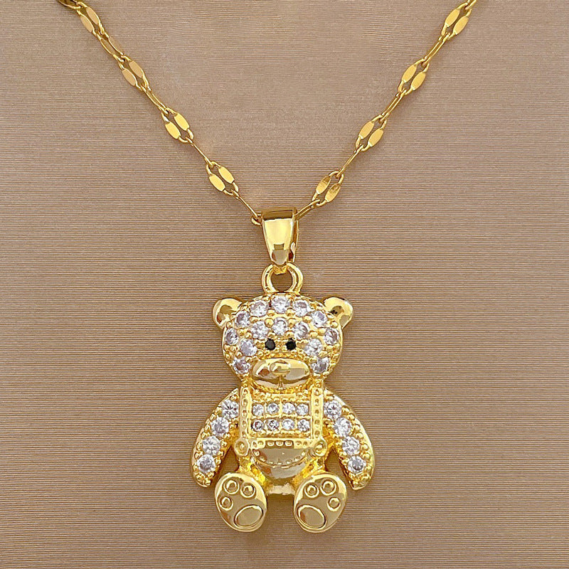 Collana con ciondolo a orso minimalista in acciaio inossidabile con intarsio in strass, delicata catena clavicola per donne e uomini