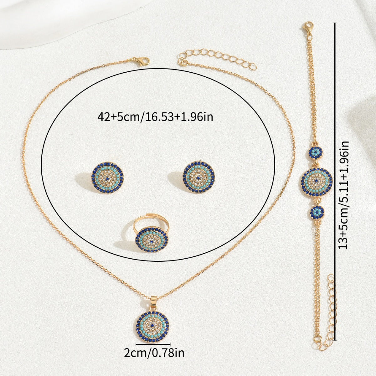 Conjunto de collar de aleación con pedrería geométrica redonda, pulsera de perlas y anillo abierto para mujer