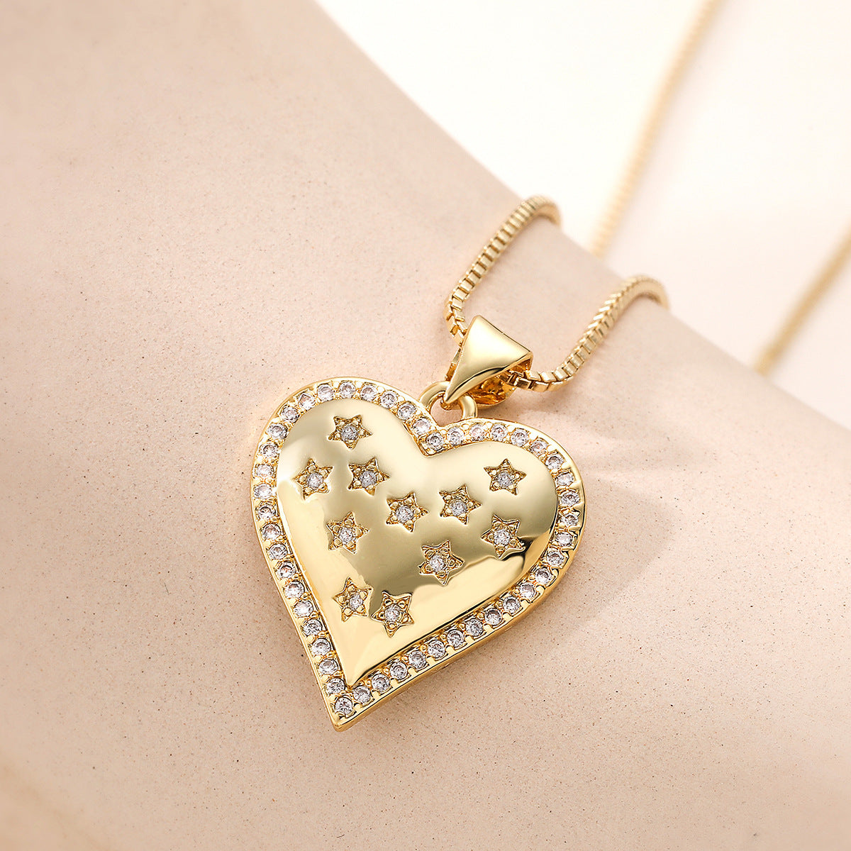 Minimalist Heart Geometric Brass Necklace with Cubic Zirconia Inlay for Women