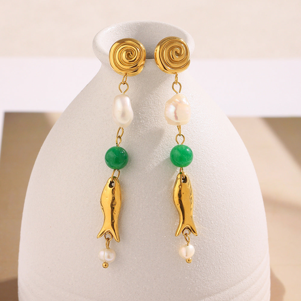 Vintage Style Gold-Fish Shaped Geometric Stainless Steel Earrings with 18K Gold Plating and Pearl Accents