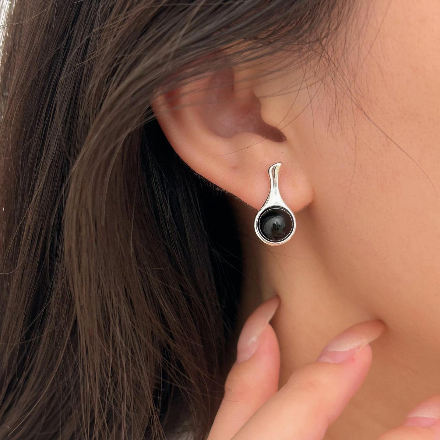 Minimalist Geometric Black Onyx Stud Earrings in 925 Sterling Silver with Gold Plating