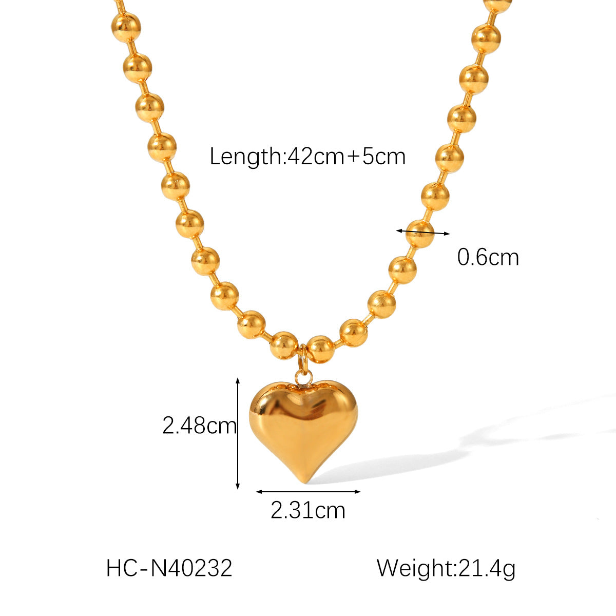 Collana da Donna con Ciondolo a Cuore Geometrico Placcato Oro 18K e Catena di Perline in Acciaio Inossidabile