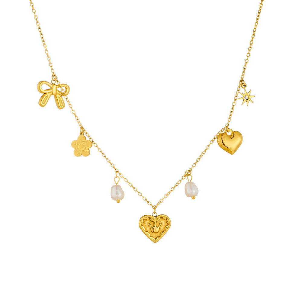Minimalist Fashion Heart Crown Bowknot Pearl Necklace in Stainless Steel with Plating Finish on O-Chain for Women