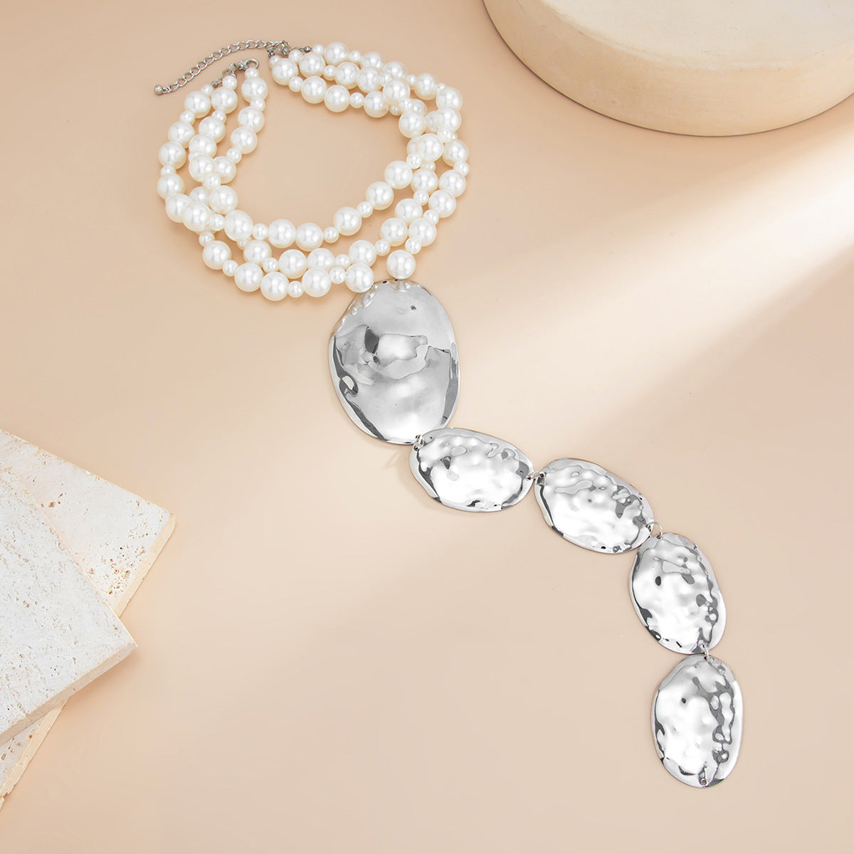 Sweet Geometric Oval Pearl Plated Layered Necklace for Women