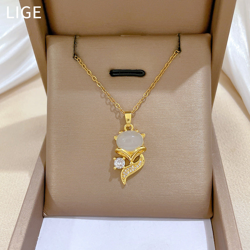 Sweet Geometric Fox Cat's Eye Rhinestone Inlay Titanium Steel Necklace for Unisex