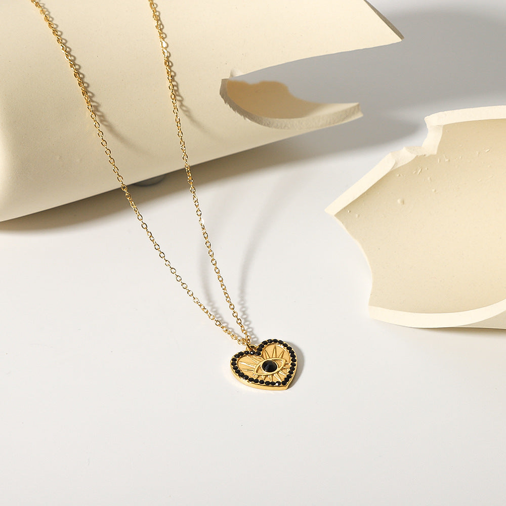 INS Style Heart Shaped Stainless Steel Pendant Necklace with 18K Gold Plating and Zircon Inlay for Women
