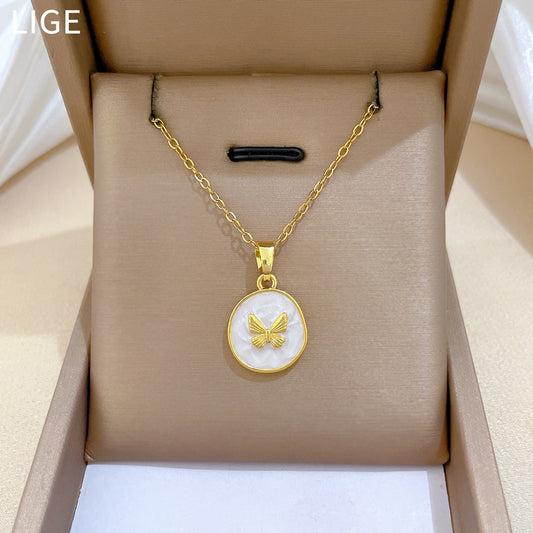 Sweet Elegant Round Drip Oil Butterfly Rhinestone Necklace Titanium Steel Cable Chain Unisex
