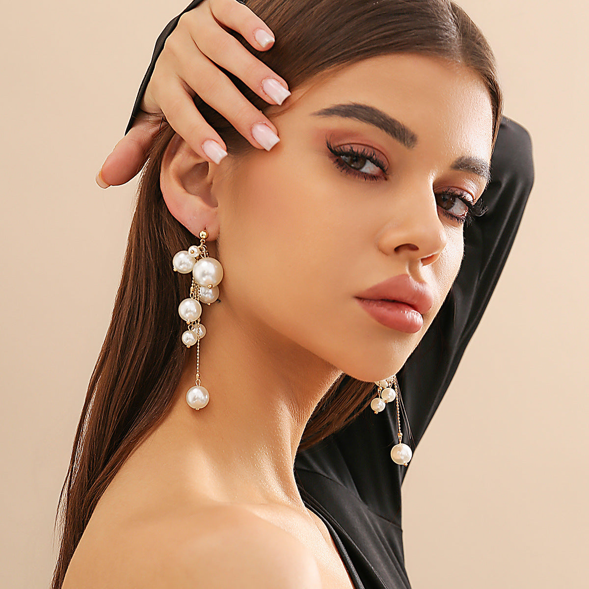 Sweet Geometric Faux Pearl Tassel Plated Earrings for Women