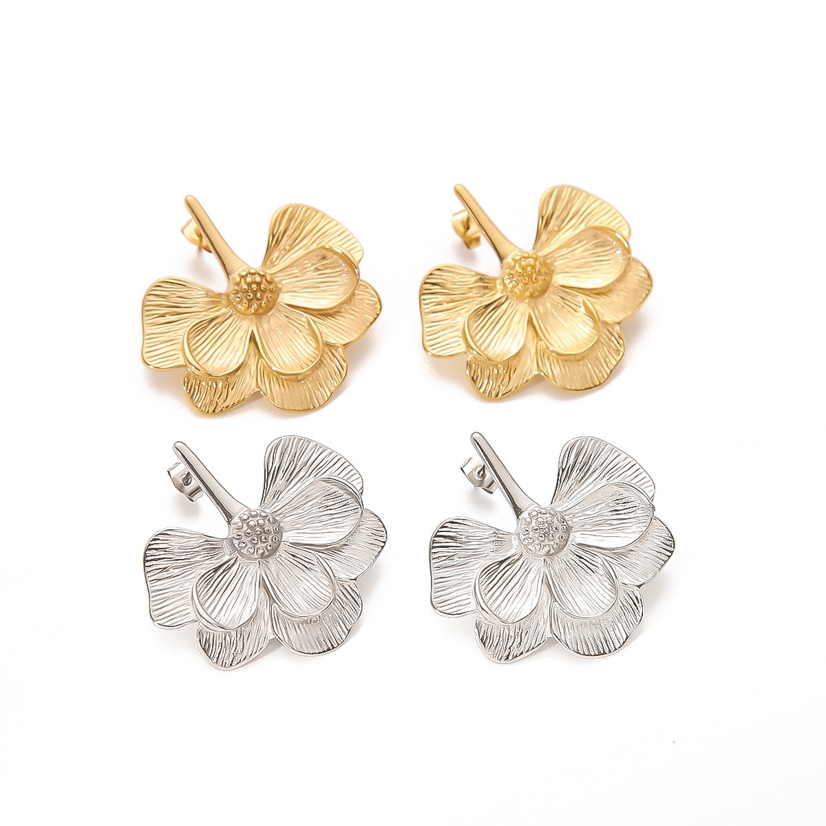 Orecchini da donna eleganti con placcatura in oro 18 carati in acciaio inossidabile, stile floreale con motivo a fiore e fascino vintage minimalista